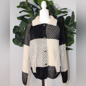 Anthropologie NVLT Eyelash Knit Bomber Coatigan Black Cream Plaid Jacket